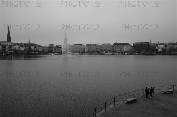 View over the Inner Alster Lake, black and white, Hanseatic City of Hamburg, Hamburg, Germany, Europe