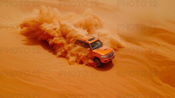 An orange car covered with sand dust driving off-road in golden desert dunes, action sports photography, AI generated