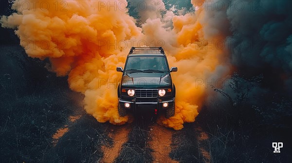 Aerial view of a dark SUV enveloped in orange smoke on a forest trail, action sports photography, AI generated
