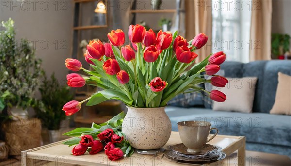 A large bouquet of red tulips in a vase, stands on the table in the flat, spring, AI generated, AI generated