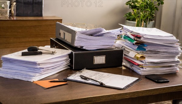 Cluttered office desk with piles of paper and personal items, symbolism bureaucracy, AI generated, AI generated