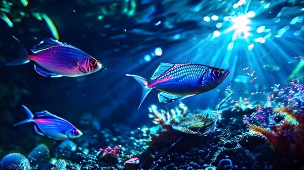 Neon tetras amidst the sun, AI generated, deep sea, fish, squid, bioluminescent, glowing, light, water, ocean