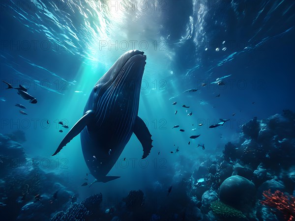 Sperm whale dives into the abyss, AI generated, deep sea, fish, squid, bioluminescent, glowing, light, water, ocean