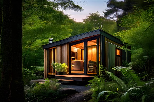 Eco friendly tiny house located centrally embraced by natures tranquility, AI generated