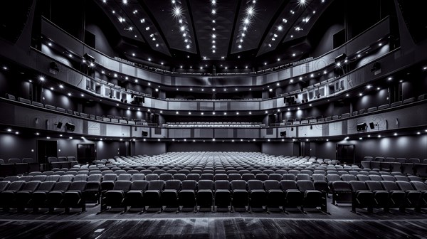 Empty modern theater auditorium with rows of seats and a stage, in black and white, ai generated, AI generated