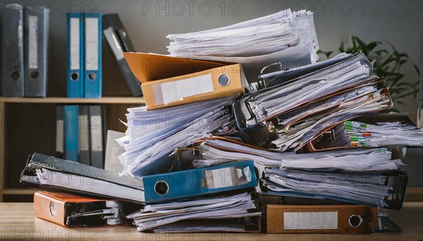 A large pile of papers and folders stacked on a desk, symbol bureaucracy, AI generated, AI generated