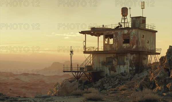 A weathered and abandoned desert outpost bathed in the light of a sunset AI generated