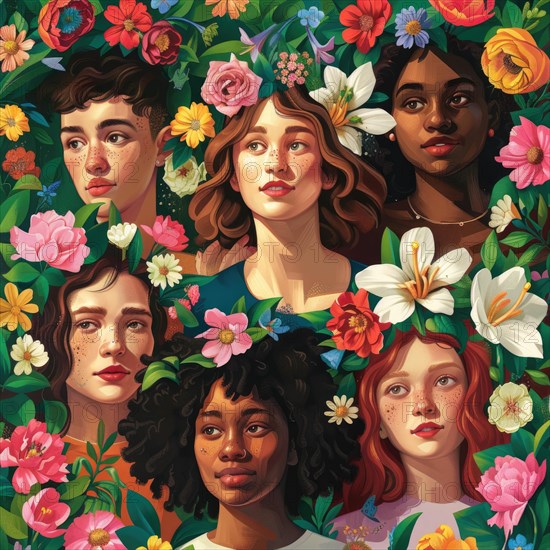 Artistic illustration of diverse women surrounded by vibrant flowers AI generated