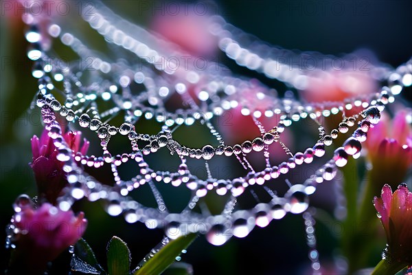 Spider web interlaced among early spring flowers dewdrops, AI generated