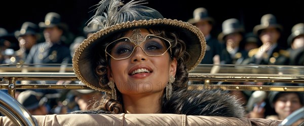 Smiling woman in vintage clothing and feathered hat enjoying a parade, exuding elegance, AI generated