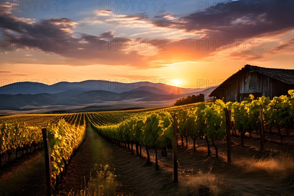 Vineyard at peak season grapevines in orderly rows, AI generated