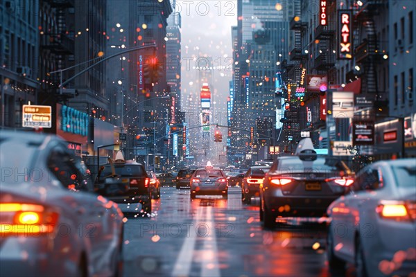 Rainy cityscape with cars in blurred motion, twinkling urban lights and a bokeh effect in the evening, AI generated