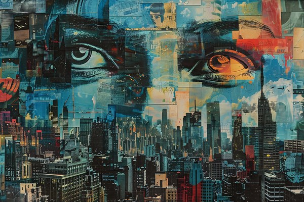 Collage featuring woman's eyes in a blue-toned cityscape, mixed media with an intense gaze, illustration, AI generated