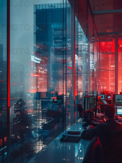 Man works in an urban office at night surrounded by futuristic glowing screens, AI generated
