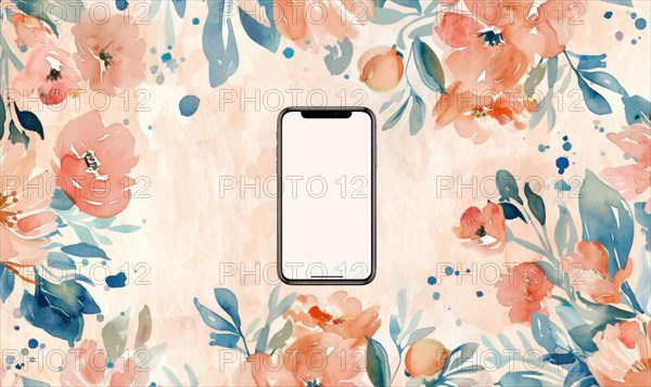 Smartphone with blank screen mockup on delicate watercolor floral seamless background AI generated