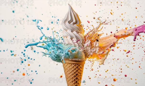 Ice cream cone explosion on white background AI generated