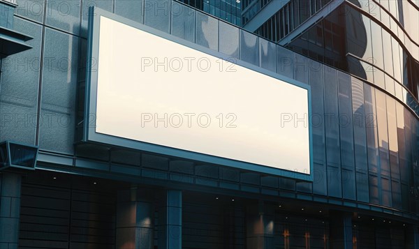 Blank screen banner mockup displayed on the modern building facade. Close Up view AI generated