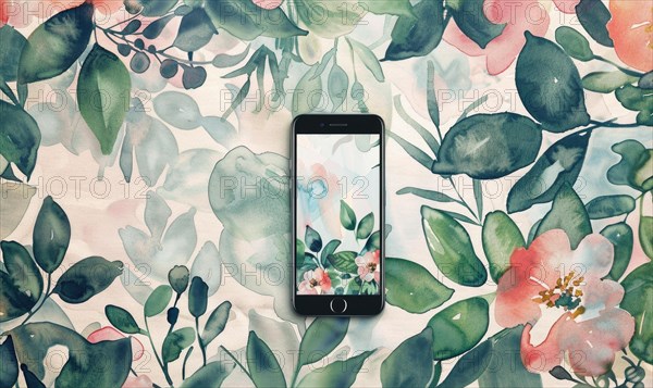 Smartphone mockup on watercolor floral patter AI generated