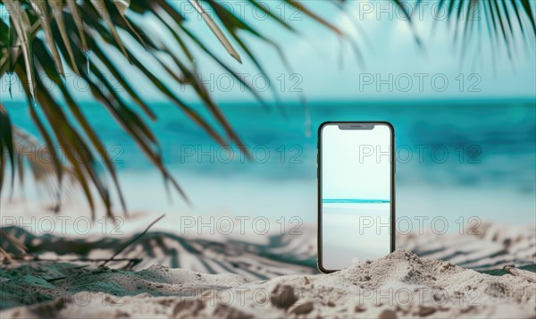 Smartphone mockup with a blank screen on a tranquil beach background, travel and tourism AI generated