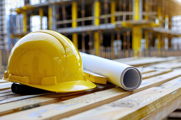 Yellow safety helmet and plans at construction work site. KI generiert, generiert, AI generated