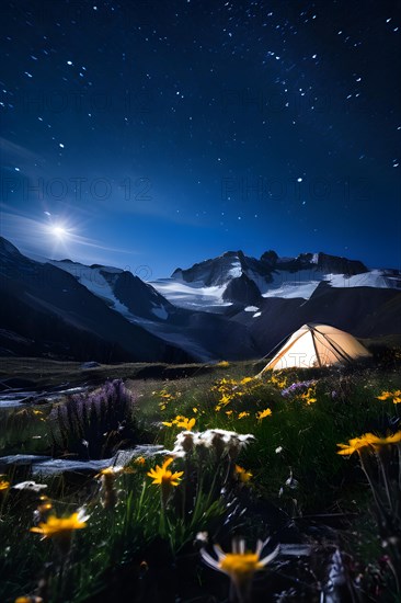 Alpine meadow campsite with wildflowers in full bloom in moonlight, AI generated