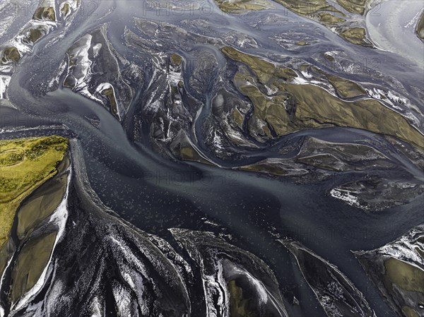 Overgrown river landscape, Eldhraun, near Kirkjubaejarklaustur, drone image, Sudurland, Iceland, Europe