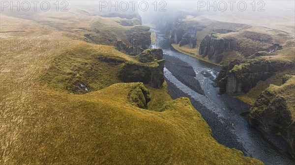 Fjadrarglijufur Canyon in the fog, Justin Bieber Canyon, drone shot, Sudurland, Iceland, Europe