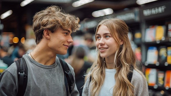 A young caucasian couple of classmates engaging in conversation at a bookstore, seemingly interested in each other, AI generated
