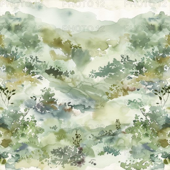 Landscape watercolor pattern with serene scenery and soft tones, abstract nature background, seamless pattern AI generated