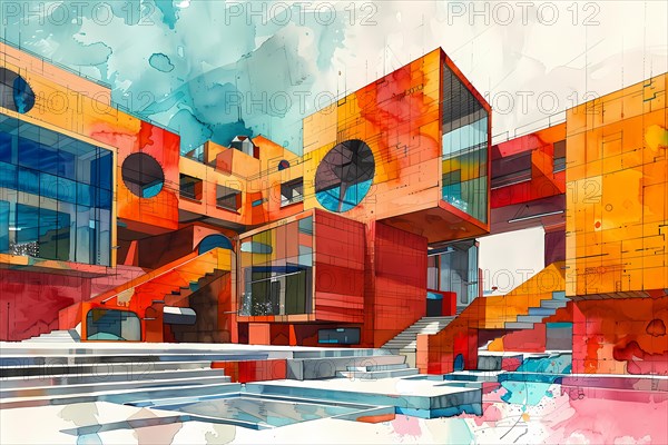 Vibrant watercolor of a modern red geometric building against a blue sky, in an abstract artistic style, AI generated
