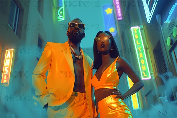 A fashionable couple stands out against a backdrop of neon lights and vibrant cityscape, illustration, AI generated
