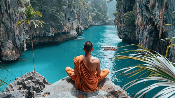 Monk meditating on a cliff edge overlooking serene tropical waters, AI generated