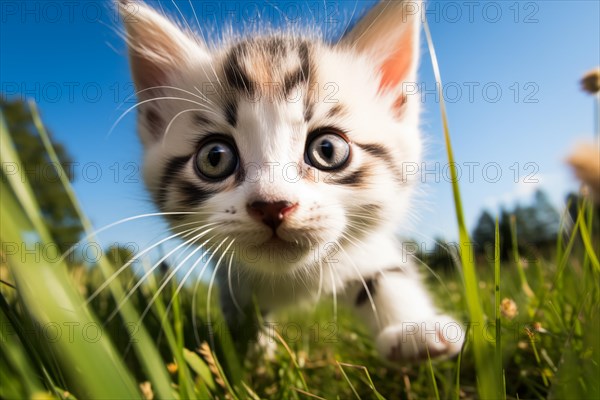 Playful Cute Kitten outdoors in Sunlit Grass. Kitten excitement and wonder as it explores the natural environment on a sunny day, AI generated