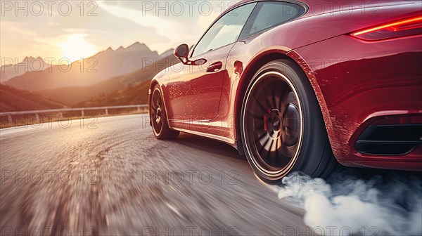 Red luxury sporty coupe german car in high speed motion blur with smoke, speeding at sunset with mountains in the background, burning rubber in a mountain road close turn, fast driving, AI generated