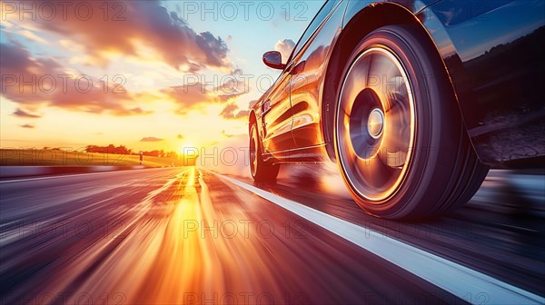 Car captured from the side in motion during golden hour with clear sky and reflections, low ultra wide angle, AI generated