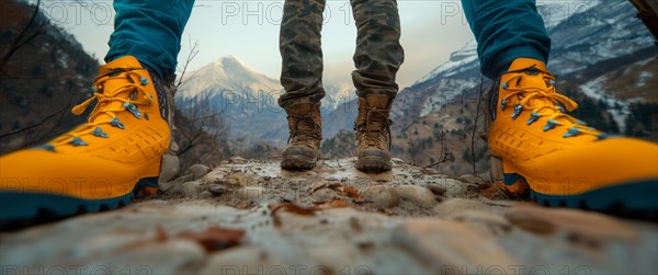 Adventurers' feet facing a majestic mountain range, AI generated