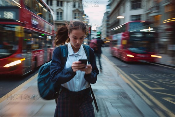 A young woman in a hurry looks at her smartphone on a busy street, symbolic image for accident risk due to media distraction, double-decker bus in London City with motion blur, hectic environment, AI generated, AI generated, AI generated