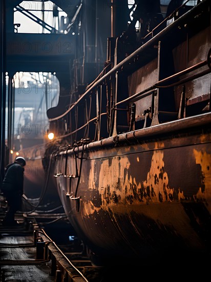 Close up ships hull under repair in seaport dry dock, AI generated