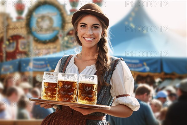 Yount smiling wiatress in traditional Dirndl dress serving beer mugs at Oktoberfest. KI generiert, generiert, AI generated