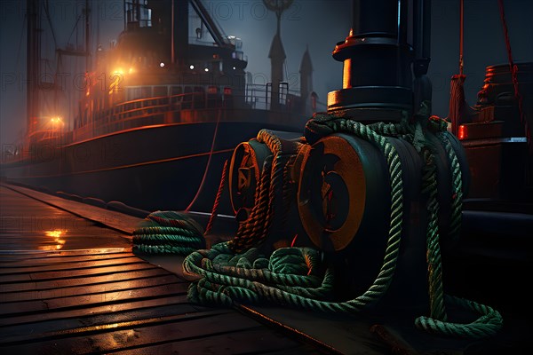 Ropes and bollards securing a ship at the dock at night, AI generated