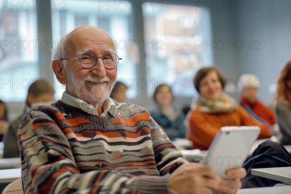 A man of advanced age, senior citizen, sitting with a digital tablet in a course room, training room, symbol image, digital teaching, learning environment, adult education centre, course, training course, learning in old age, media skills in old age, eLearning, media education, AI generated, AI generated, AI generated