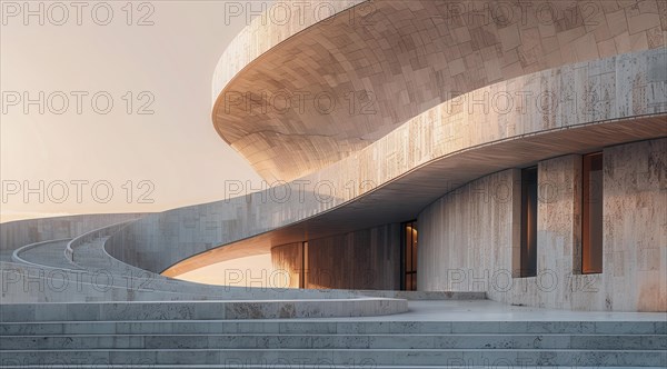 Curved modern structure with the glow of sunset on its facade, ai generated, AI generated