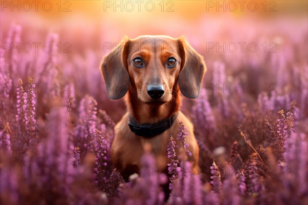 Cute Dachshund in field of purple Heather summer flowers. KI generiert, generiert, AI generated