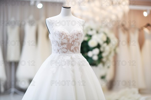Wedding dress in bridal boutique shop. KI generiert, generiert, AI generated
