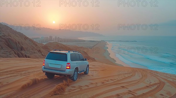 A white SUV parked on a sand dune overlooking the ocean at sunset, action sports photography, AI generated