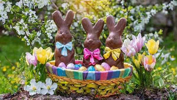 Chocolate Easter bunnies in a colourful Easter nest in the garden, symbolic Easter photo, AI generated, AI generated