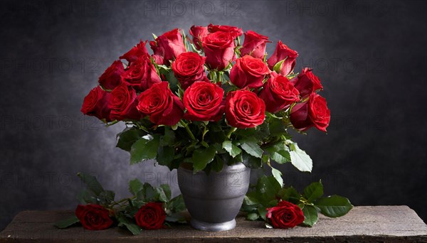 A large bouquet of red roses in a vase, stands on the table in the flat, AI generated, AI generated