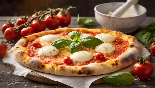 Food, Pizza Margherita with tomatoes, mozzarella and basil, AI generated, AI generated