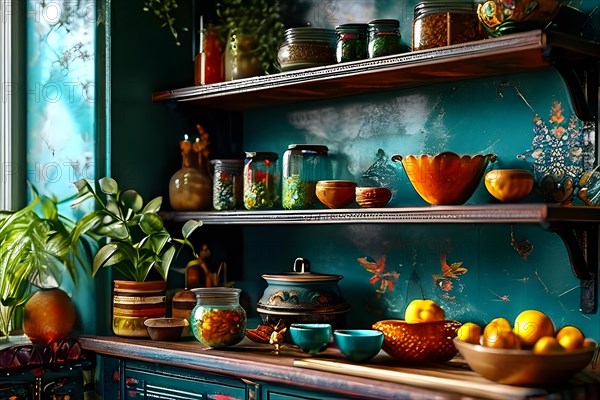 Boho kitchen shelf eclectic mix of colorful ceramic pots hanging cast iron pans shelves adorned, AI generated