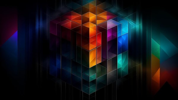 Digital abstract of a three-dimensional cube illuminated with neon colors against a dark background, AI generated